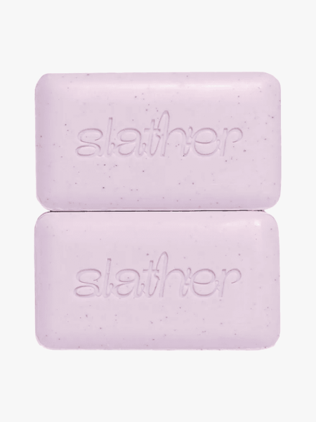 Topicals Slather Exfoliating & Smoothing Bar in branded components on a light gray background