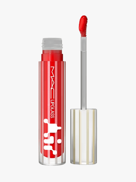 Mac Cosmetics Lipglass Air in branded component on a light gray background